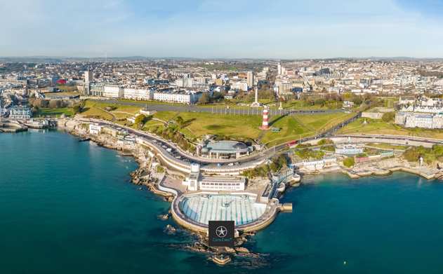Plymouth lido over to Plymouth city centre from the air Plymouth lido over to Plymouth city centre from the air